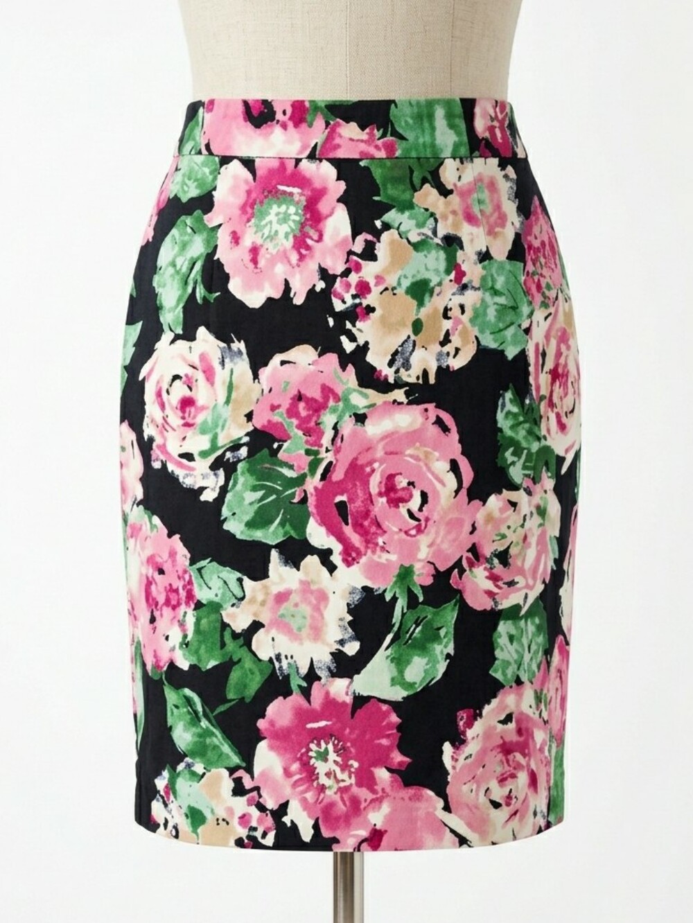 TALBOTS Floral Pencil Skirt Black Pink Green 8P Cotton Blend Vintage Style
